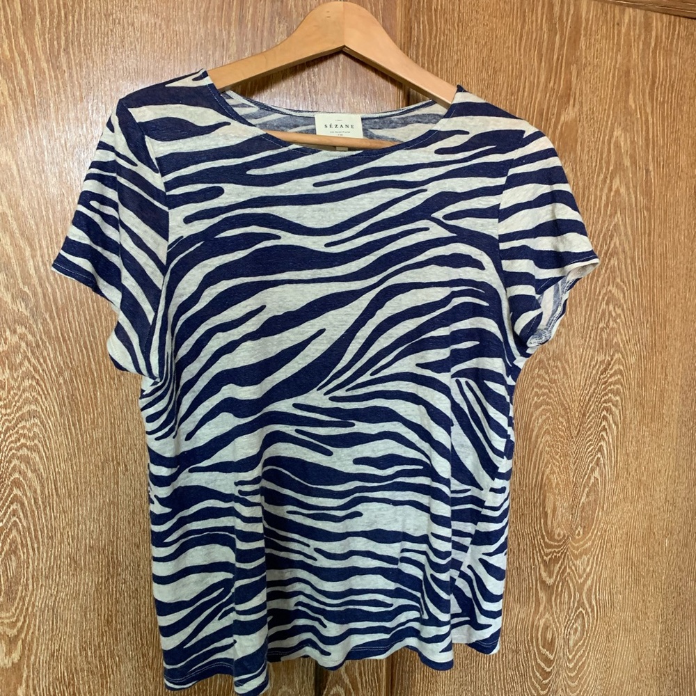 Sezane linen tee, blue stripes, size S